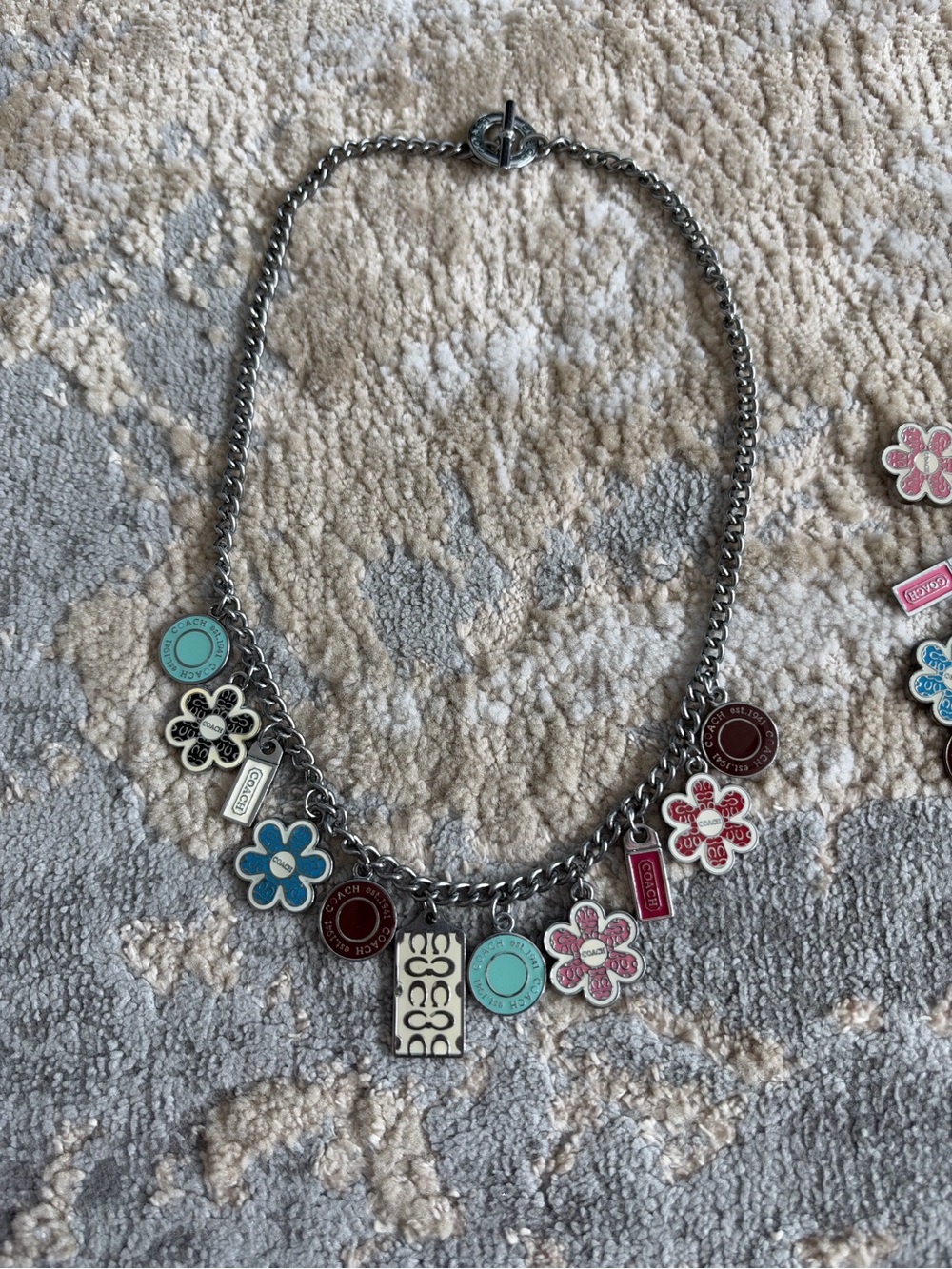 Coach Silver Chain Charm Necklace with Pink & Turquoise Flower Charms - Picture 2 of 6